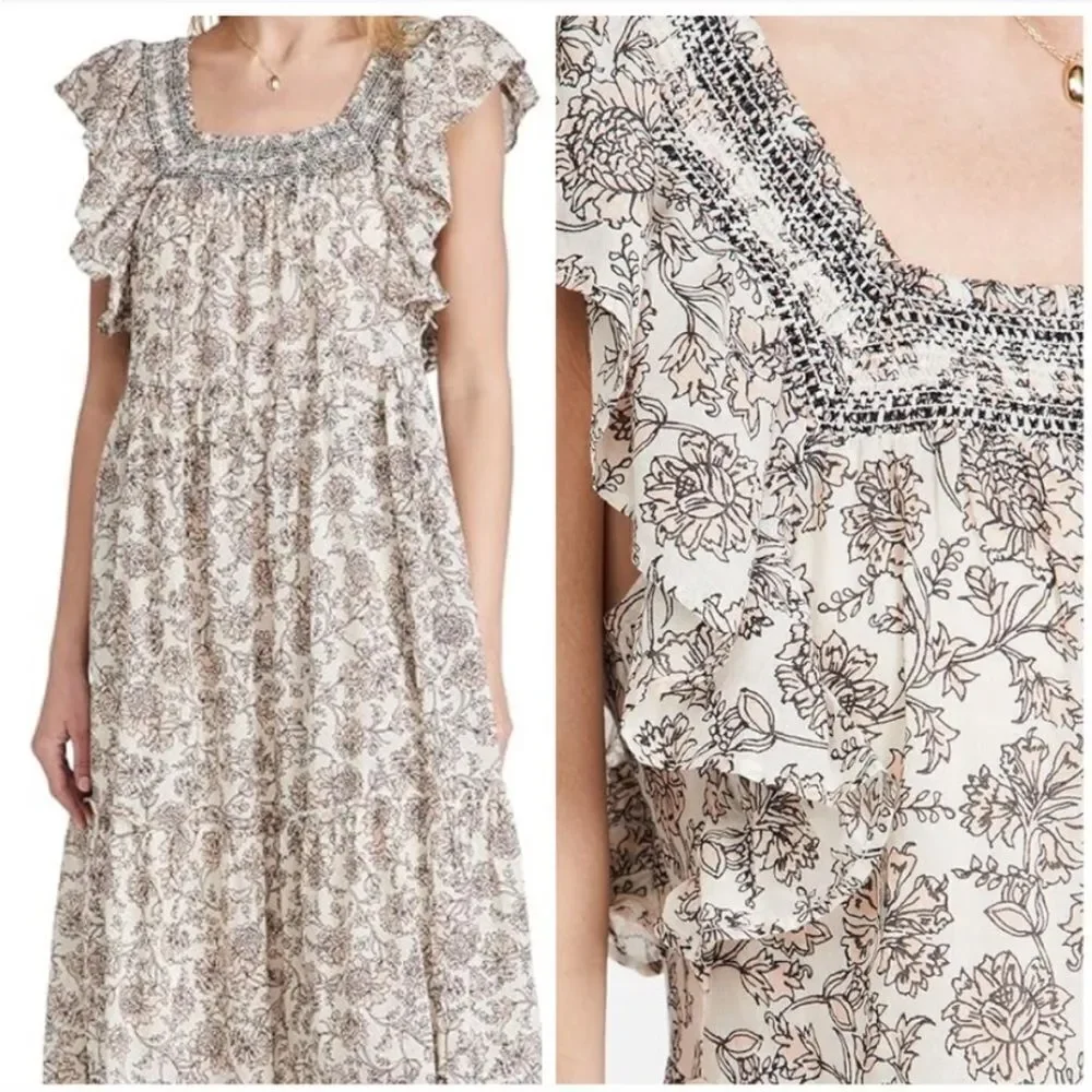 FREE PEOPLE | Bonita Floral Print MIidi Dress Black Cream Women’s Size Small
